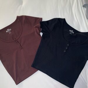 Hollister Women's Short Sleeve Ribbed Tops - Black and Brown
